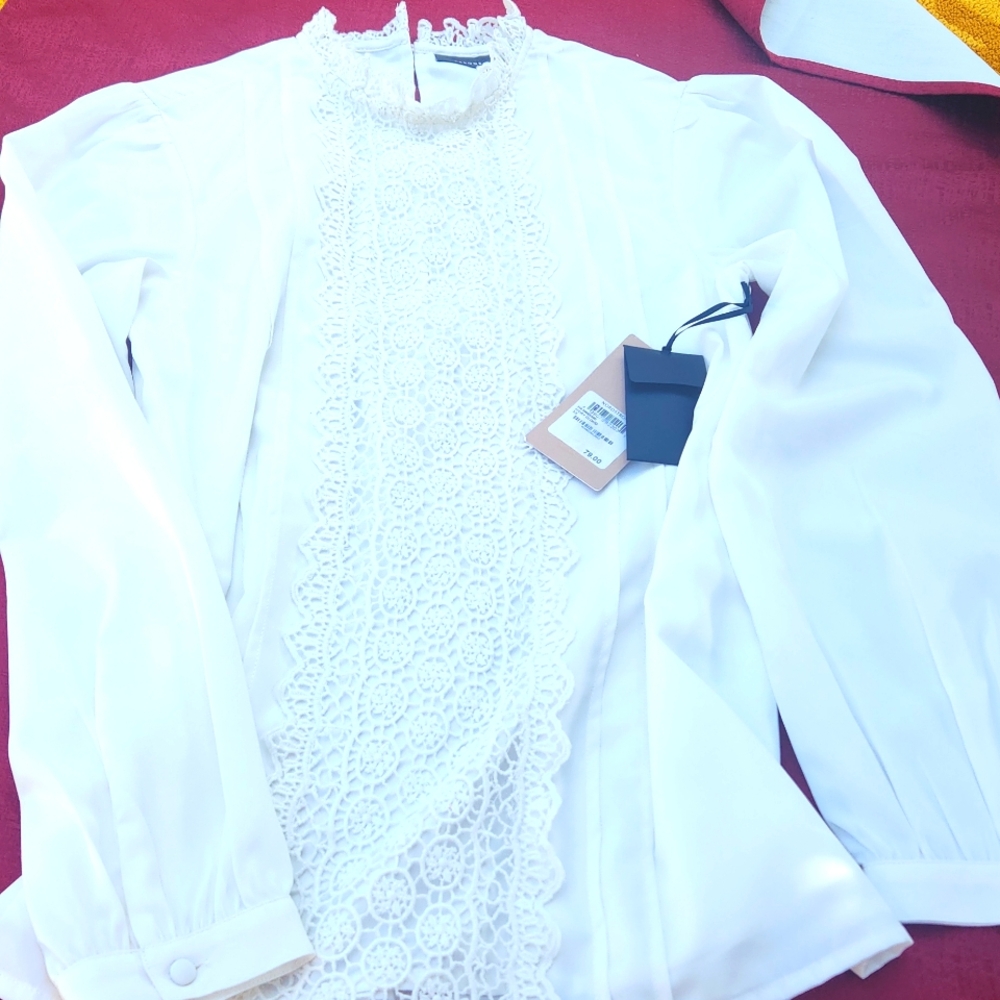 Halogen White Lace Mandarin Collar Blouse
